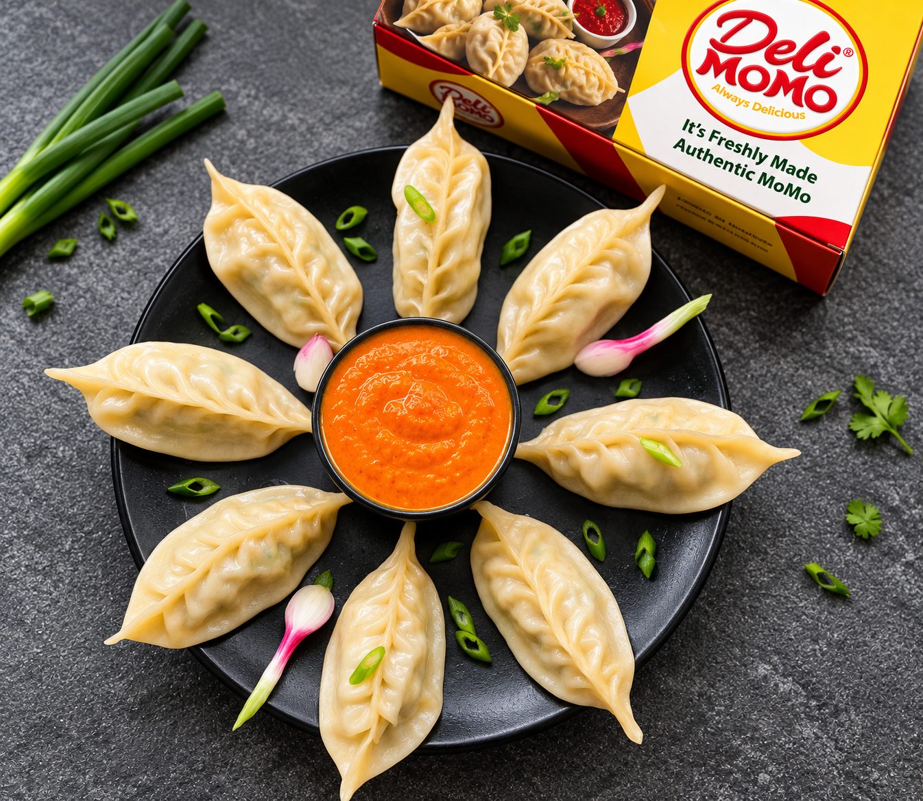 Plate of DeliMoMo chicken cheese momos with dipping sauce