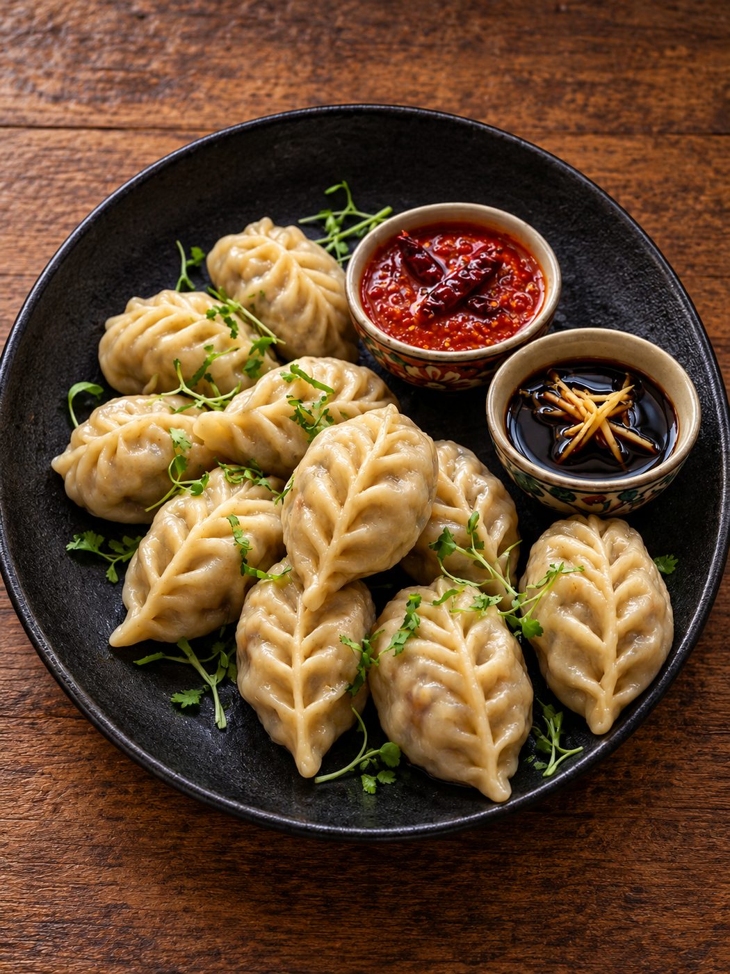 Original Chicken Momo plated with chilli and soy dips