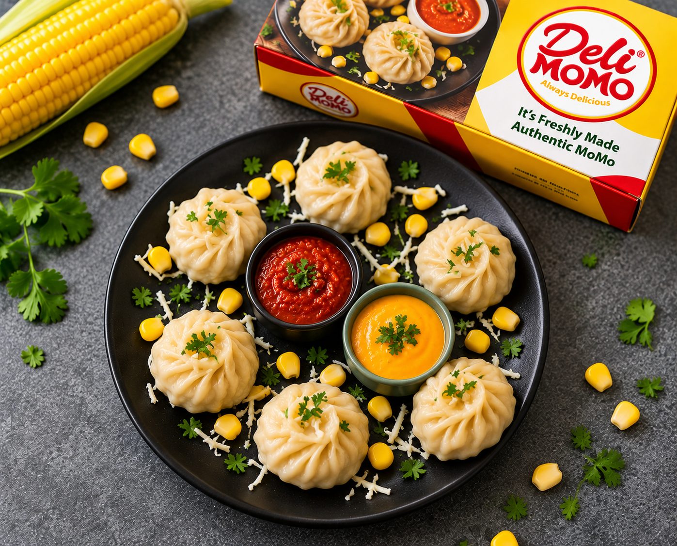 Corn Cheese Momo plated with two chutneys