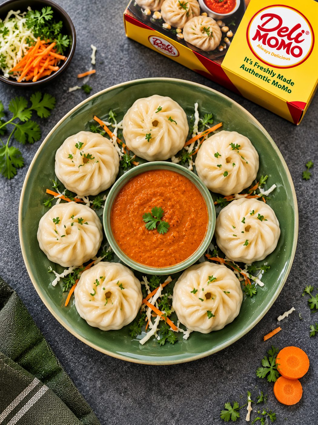 Mixed Veg Momo plated with red chilli chutney